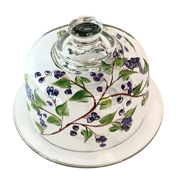 Glass Cheese Pastry Dome Handpainted Blueberry Floral Design With Glass Plate - Picture 5 of 13